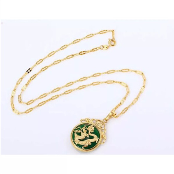 24K Gold Plated Dragon Pendant Malaysia Jade & Chain Necklace 7/8”. - Picture 5 of 8